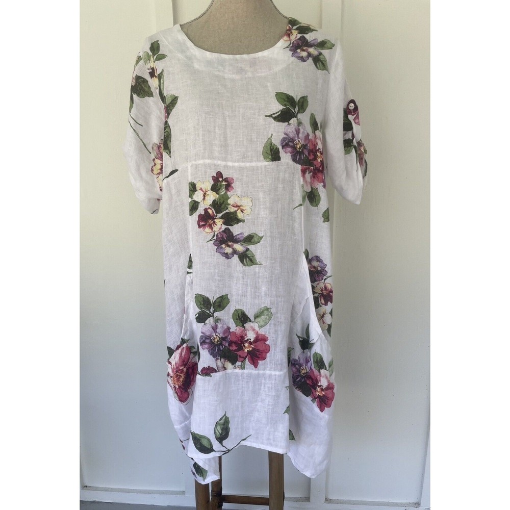 VANSA White Linen Floral Relaxed Langenlook Dress Made in Italy Petite Small